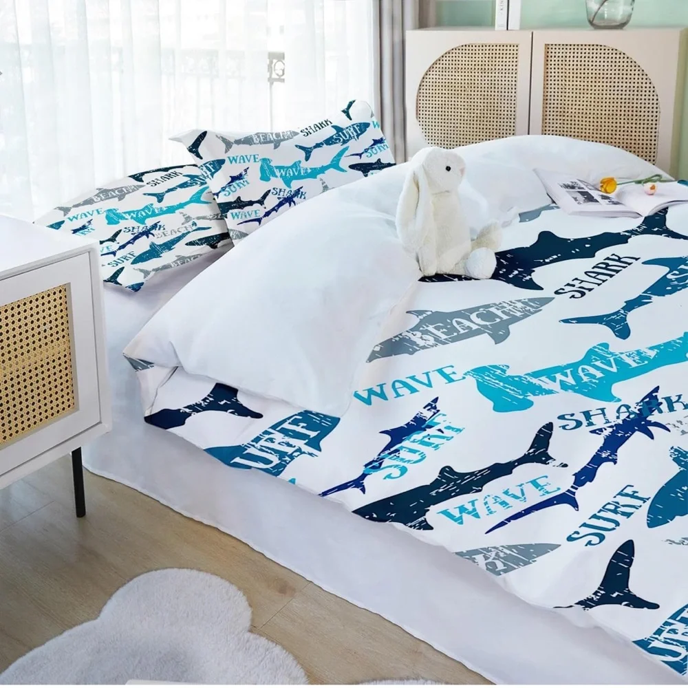 Shark Fish Print Kids Duvet Cover Set King Bedding Cover Set Boys Girls Duvet
